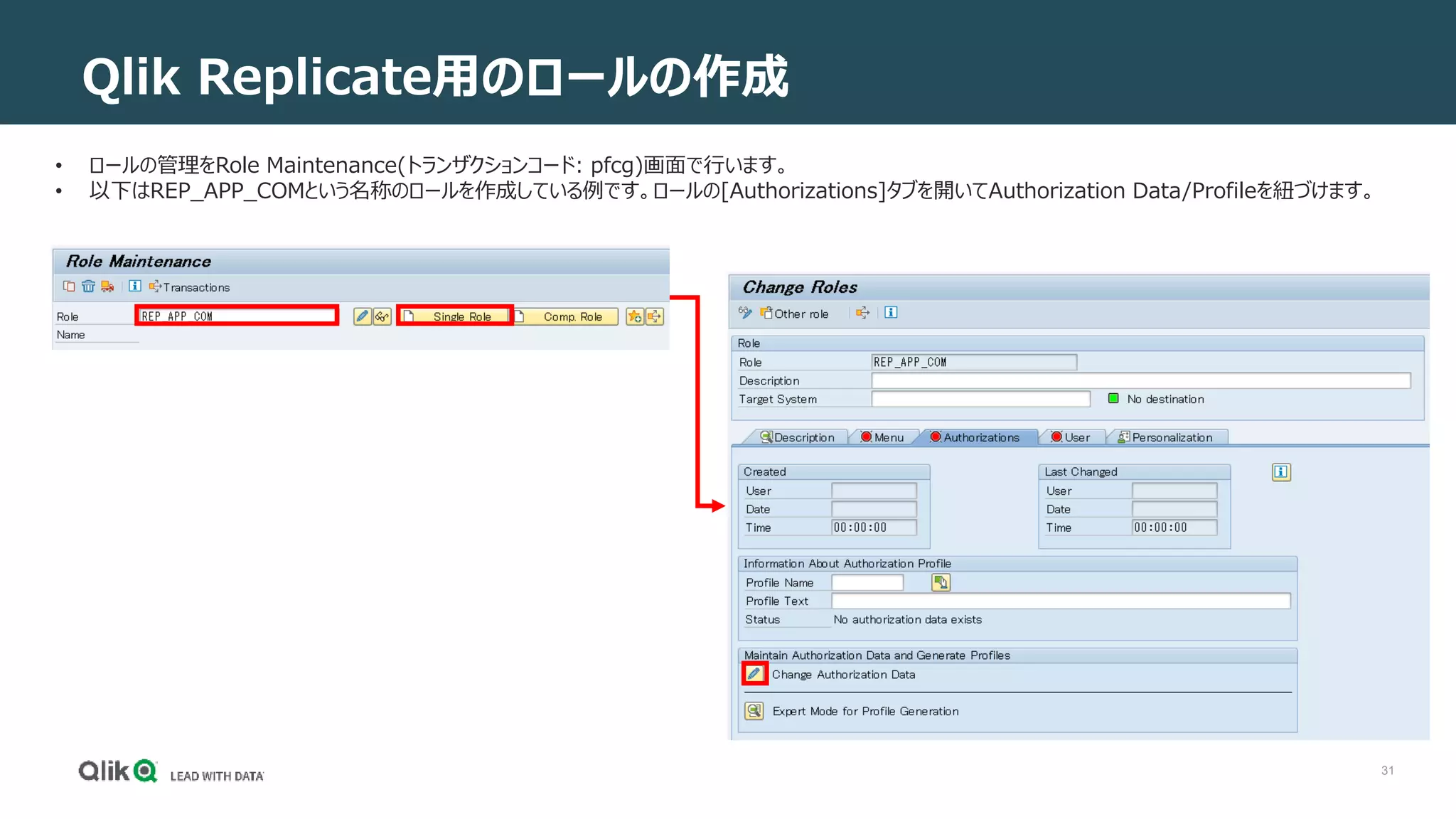 31
Qlik Replicate用のロールの作成
• ロールの管理をRole Maintenance(トランザクションコード: pfcg)画面で行います。
• 以下はREP_APP_COMという名称のロールを作成している例です。ロールの[Authorizations]タブを開いてAuthorization Data/Profileを紐づけます。
 