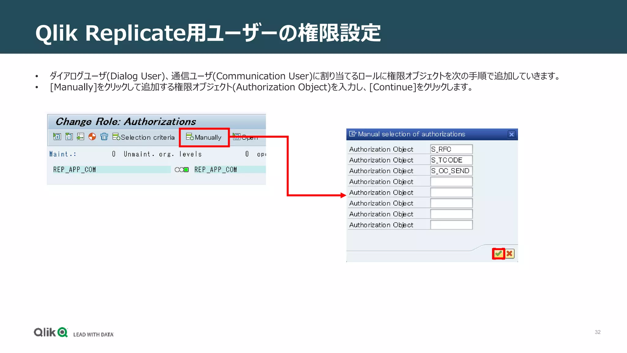 32
Qlik Replicate用ユーザーの権限設定
• ダイアログユーザ(Dialog User)、通信ユーザ(Communication User)に割り当てるロールに権限オブジェクトを次の手順で追加していきます。
• [Manually]をクリックして追加する権限オブジェクト(Authorization Object)を入力し、[Continue]をクリックします。
 
