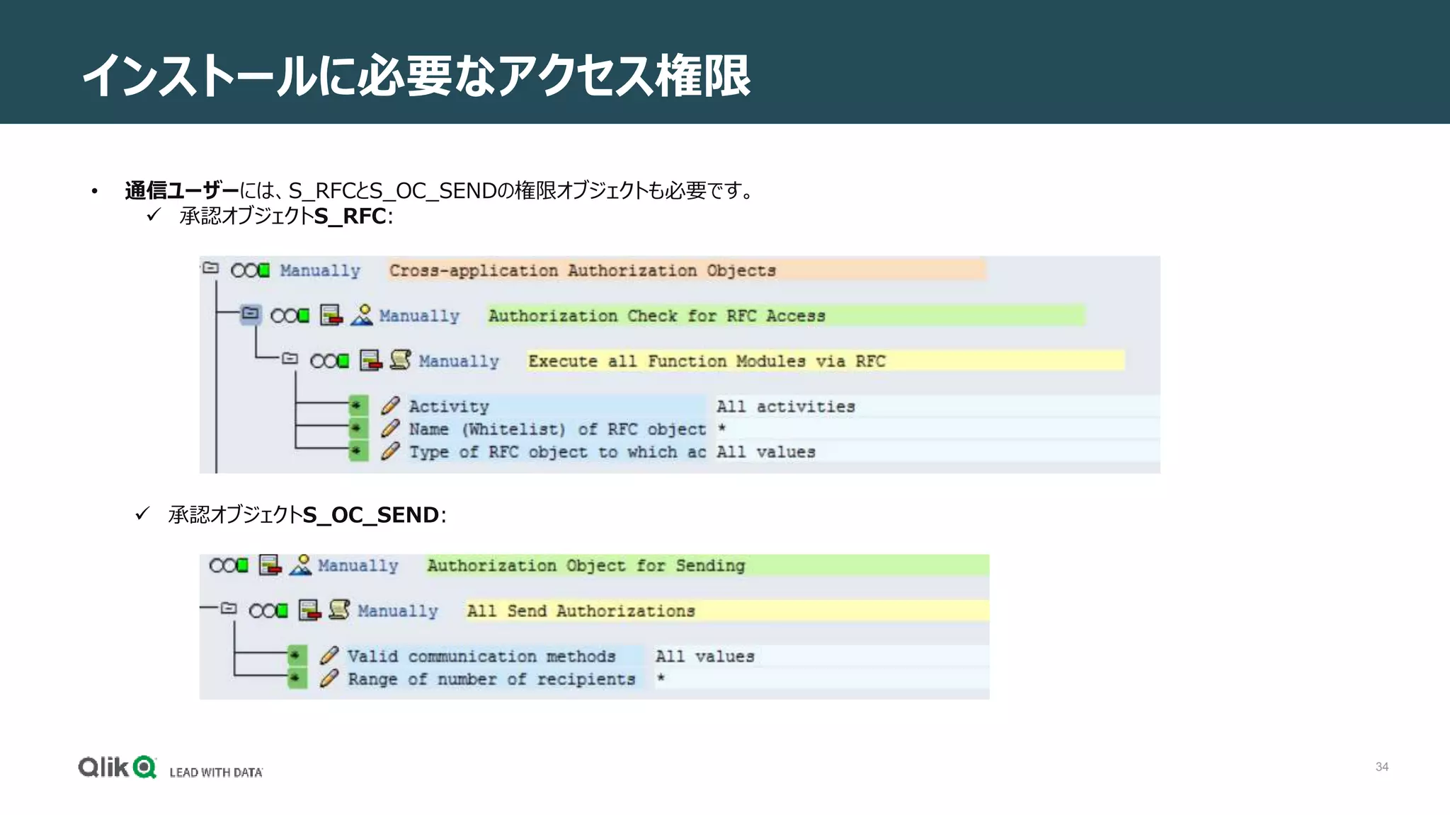 34
インストールに必要なアクセス権限
• 通信ユーザーには、S_RFCとS_OC_SENDの権限オブジェクトも必要です。
 承認オブジェクトS_RFC:
 承認オブジェクトS_OC_SEND:
 