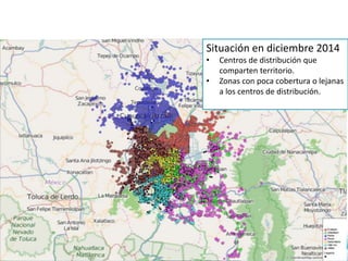 Situación en diciembre 2014
• Centros de distribución que
comparten territorio.
• Zonas con poca cobertura o lejanas
a los centros de distribución.
 