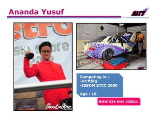 PT. SATRIA WANGSA ANGGARA
Ananda Yusuf
Competing in :
-Drifting
-ISSOM ETCC 2000
Age : 18
BMW E36 M44 2000cc
 