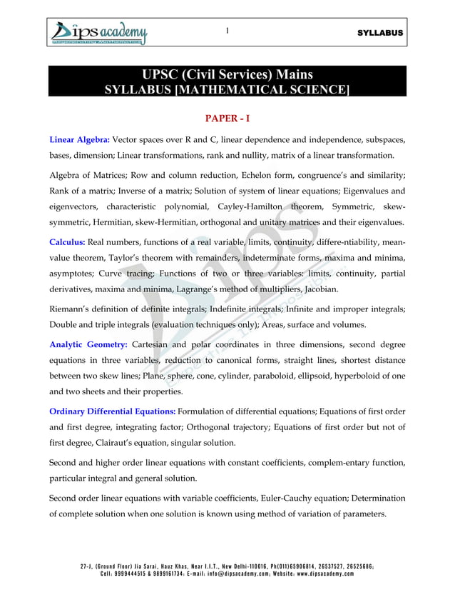DOWNLOADS UPSC Syllabus Dips Academy Regenerating Mathematics PDF