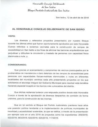 085-HCD-2018 Proyecto de Com: Pedido de informe sobre la construcción de rampas