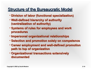 Copyright © 2002 by South-WesternCopyright © 2002 by South-Western 2–2–1414
Structure of the Bureaucratic ModelStructure of the Bureaucratic Model
• Division of labor (functional specialization)Division of labor (functional specialization)
• Well-defined hierarchy of authorityWell-defined hierarchy of authority
(centralization of authority)(centralization of authority)
• Systems of rules for employees and workSystems of rules for employees and work
proceduresprocedures
• Impersonal organizational relationshipsImpersonal organizational relationships
• Selection and promotion solely on competenceSelection and promotion solely on competence
• Career employment and well-defined promotionCareer employment and well-defined promotion
path to top of organizationpath to top of organization
• Organizational transactions extensivelyOrganizational transactions extensively
documenteddocumented
 