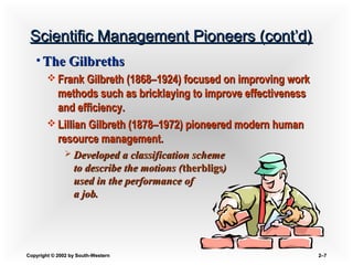 Copyright © 2002 by South-WesternCopyright © 2002 by South-Western 2–2–77
Scientific Management Pioneers (cont’d)Scientific Management Pioneers (cont’d)
• The GilbrethsThe Gilbreths
 Frank Gilbreth (1868–1924) focused on improving workFrank Gilbreth (1868–1924) focused on improving work
methods such as bricklaying to improve effectivenessmethods such as bricklaying to improve effectiveness
and efficiency.and efficiency.
 Lillian Gilbreth (1878–1972) pioneered modern humanLillian Gilbreth (1878–1972) pioneered modern human
resource management.resource management.
 Developed a classification schemeDeveloped a classification scheme
to describe the motions (to describe the motions (therbligstherbligs))
used in the performance ofused in the performance of
a job.a job.
 