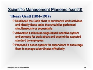 Copyright © 2002 by South-WesternCopyright © 2002 by South-Western 2–2–88
Scientific Management Pioneers (cont’d)Scientific Management Pioneers (cont’d)
• Henry Gantt (1861–1919)Henry Gantt (1861–1919)
 Developed theDeveloped the GanttGantt chart to summarize work activitieschart to summarize work activities
and identify those tasks that should be performedand identify those tasks that should be performed
simultaneously or sequentially.simultaneously or sequentially.
 Advocated a minimum-wage-based incentive systemAdvocated a minimum-wage-based incentive system
and bonuses for work above and beyond the expectedand bonuses for work above and beyond the expected
standard by employees.standard by employees.
 Proposed a bonus system for supervisors to encourageProposed a bonus system for supervisors to encourage
them to manage subordinates effectively.them to manage subordinates effectively.
 