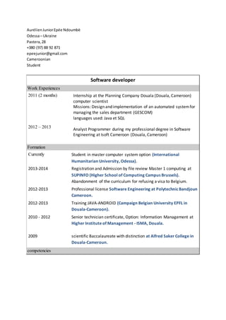 CV_programmer analyst_Aurelien J. Epee N. | PDF