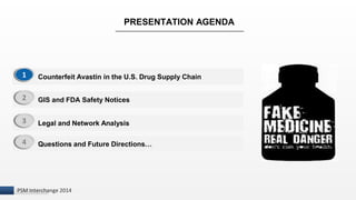 I 
PRESENTATION AGENDA 
Counterfeit Avastin in the U.S. Drug Supply Chain 
1 
GIS and FDA Safety Notices 
Legal and Network Analysis 
Questions and Future Directions… 
2 
3 
4 
PSM Interchange 2014 
 