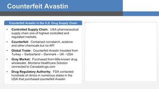 Counterfeit Avastin 
Sub headline 
Counterfeit Avastin in the U.S. Drug Supply Chain 
• Controlled Supply Chain: USA pharmaceutical 
I 
supply chain one of highest controlled and 
regulated markets. 
• Counterfeit: Contained cornstarch, acetone 
and other chemicals but no API 
• Global Trade: Counterfeit Avastin traveled from 
Turkey – Switzerland – Denmark – UK - USA 
• Gray Market: Purchased from little-known drug 
wholesaler, Montana Healthcare Solution 
connected to Canadadrugs.com 
• Drug Regulatory Authority: FDA contacted 
hundreds of clinics in numerous states in the 
USA that purchased counterfeit Avastin 
 