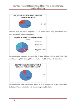 New Age Financial Products and their role in transforming
modern Banking
The chart infers that most of the people i.e 73% have a habit of using plastic money 27%
don’t have a habit of using plastic money
The interpretation made from the chart is that 32% use Debit Card, 5% are using Credit Card
and 2% are using SMS Banking 27% use both Debit Card & 35 % use all of the above.
The interpretation made from the chart is that . 90 % are satisfied with the services provided
by Bank& 10% are not satisfied with the services provided by Bank.
i
 