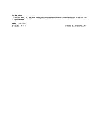 Declaration:
I, SURESH BABU POLARAPU, hereby declare that the information furnished above is true to the best
of my knowledge.
Place: Hyderabad
Date: 19-10-2016 (SURESH BABU POLARAPU)
 