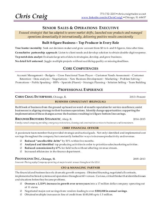 chris craig resume senior sales operations executive v170117 operations executive resumes
