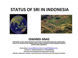 STATUS OF SRI IN INDONESIA ISWANDI ANAS PROFESSOR  IN SOIL BIOTECHNOLOGY AND HEAD OF SOIL BIOTECHNOLOGY LABORATORY, FACULTY OF AGRICULTURE, BOGOR AGRICULTURAL UNIVERSITY (IPB), DARMAGA CAMPUS BOGOR 16680, INDONESIA Email address:  [email_address]  or  [email_address] ;  Cell phone: +6281310750540 Fax: +622518629358 Chairman of Ina-SRI (Indonesian Association for SRI) Member, Indonesian  Fertilizer  Board (Chairman of Research and Technology Committee) 