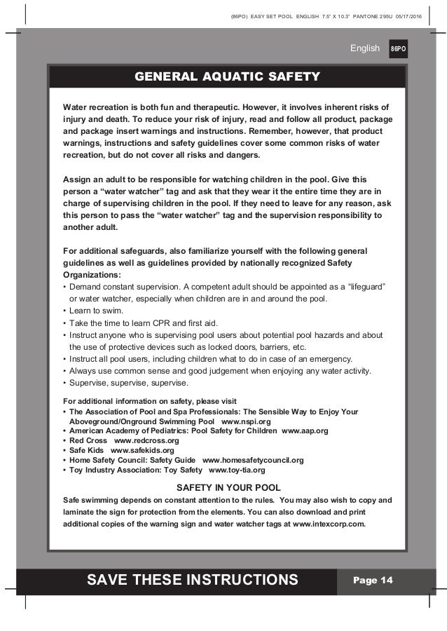 Easy Set Pool by Intex manual for 6 foot to 18 foot Swimming pools