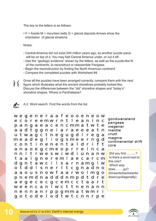The key to the letters is as follows:
• F = fossils M = mountain belts G = glacial deposits Arrows show the
orientation of glacial striations
Notes:

	
  
	
  

- Central America did not exist 240 million years ago, so another puzzle piece 	
will be on top of it. You may fold Central America under, or cut it off.
- Use the “geologic evidence” shown by the letters, as well as the puzzle-like fit 	
of the continents, to reconstruct or reassemble Pangaea.
- Begin the reconstruction by finding the North American continent
- Compare the completed puzzles with Worksheet #4.
Once all the puzzles have been arranged correctly, compare them with the next
figure which illustrates what the ancient shorelines probably looked like.
Discuss the differences between the “old” shoreline shapes and “today’s”
shoreline shapes. Where is Panthalassa?
A.2. Word search. Find the words from the list.

Did you find ..........?
Is there a word next to
this one?
Which way
does……..go?
(forwards/backwards/
down/up/diagonally)

	
  

10

Material AICLE 2º de ESO: Earth’s

internal energy

 