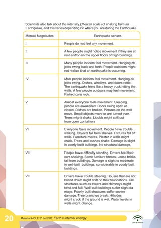 Scientists also talk about the intensity (Mercali scale) of shaking from an
Earthquake, and this varies depending on where you are during the Earthquake
Mercali Magnitudes					Earthquake senses
I				

People do not feel any movement.

II				
				

A few people might notice movement if they are at 	
rest and/or on the upper floors of high buildings.

III				
				
				

Many people indoors feel movement. Hanging ob	
jects swing back and forth. People outdoors might 	
not realize that an earthquake is occurring.

IV				
Most people indoors feel movement. Hanging ob	
				
jects swing. Dishes, windows, and doors rattle. 		
				
The earthquake feels like a heavy truck hitting the 	
				
walls. A few people outdoors may feel movement. 	
				Parked cars rock.
Almost everyone feels movement. Sleeping
V				
				
people are awakened. Doors swing open or
				
closed. Dishes are broken. Pictures on the wall 	
move. Small objects move or are turned over. 		
				
Trees might shake. Liquids might spill out
			
				from open containers
VI				
				
				
				
				

Everyone feels movement. People have trouble 	
walking. Objects fall from shelves. Pictures fall off 	
walls. Furniture moves. Plaster in walls might 		
crack. Trees and bushes shake. Damage is slight 	
in poorly built buildings. No structural damage.

VII				
People have difficulty standing. Drivers feel their 	
				
cars shaking. Some furniture breaks. Loose bricks 	
				
fall from buildings. Damage is slight to moderate
				
in well-built buildings; considerable in poorly built 	
				buildings.
VII				
Drivers have trouble steering. Houses that are not 	
				
bolted down might shift on their foundations. Tall 	
				
structures such as towers and chimneys might 		
twist and fall. Well-built buildings suffer slight da	
				
				
mage. Poorly built structures suffer severe
				damage. Tree branches break. Hillsides
				
might crack if the ground is wet. Water levels in 	
				wells might change.

20

Material AICLE 2º de ESO: Earth’s

internal energy

 