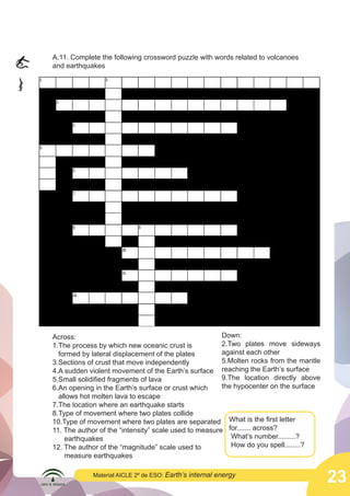  

A.11. Complete the following crossword puzzle with words related to volcanoes
and earthquakes

Down:
Across:
2.Two plates move sideways
1.The process by which new oceanic crust is
against each other
formed by lateral displacement of the plates
5.Molten rocks from the mantle
3.Sections of crust that move independently
4.A sudden violent movement of the Earth’s surface reaching the Earth’s surface
9.The location directly above
5.Small solidified fragments of lava
the hypocenter on the surface
6.An opening in the Earth’s surface or crust which
allows hot molten lava to escape
7.The location where an earthquake starts
8.Type of movement where two plates collide
10.Type of movement where two plates are separated What is the first letter
11. The author of the “intensity” scale used to measure for....... across?
What’s number.........?
earthquakes
How do you spell........?
12. The author of the “magnitude” scale used to
measure earthquakes
Material AICLE 2º de ESO: Earth’s

internal energy

23

 