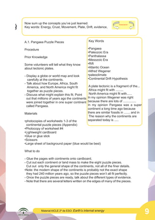  

Now sum up the concepts you’ve just learned.
Key words: Energy, Crust, Movement, Plate, Drift, evidence,

	
  

A.1. Pangaea Puzzle Pieces

Key Words

Procedure

•Pangaea
•Paleozoic Era
•Panthalassa
•Mesozoic Era
•Rift
•Atlantic Ocean
•Alfred Wegener
•paleoclimate
•Continental Drift Hypothesis

Prior Knowledge
Some volunteers will tell what they know
about tectonic plates.
- Display a globe or world map and look
carefully at the continents.
- Talk about how Europe, Africa, South
America, and North America might fit
together as puzzle pieces.
- Discuss what might explain this fit. Point
out that millions of years ago the continents
were joined together in one super continent
called Pangaea.
Materials

A plate tectonic is a fragment of the...
Africa might fit with .........
North America might fit with......
In my opinion Wegener was right
because there are lots of ...............
In my opinion Pangaea was a super
continent a long time ago because
there are similar fossils in ....... and in
The reason why the continents are
separated today is .....

•photocopies of worksheets 1-3 of the
continental puzzle pieces (Appendix)
•Photocopy of worksheet #4
•Lightweight cardboard
•Glue or glue stick
•Scissors
•Large sheet of background paper (blue would be best)
What to do

- Glue the pages with continents onto cardboard,
- Cut out each continent or land mass to make the eight puzzle pieces.
Cut out only the general shape of the continents, not all of the finer details.
•Note: the modern shape of the continents is probably not the exact shape 	
they had 240 million years ago, so the puzzle pieces won’t all fit perfectly.
- Once the puzzle pieces are ready, talk about the different types of evidence.
- Note that there are several letters written on the edges of many of the pieces.

Material AICLE 2º de ESO: Earth’s

internal energy

9

 