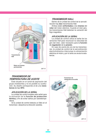 TRANSMISOR HALL
                                                             Dentro de la unidad de control de la servodi-
                                                         rección hay dos transmisores Hall.
                                                             Ambos están enfrentados a los imanes del
                                                         rotor del motor eléctrico. Cuando el rotor gira,
                                                         los transmisores Hall detectan la variación del
                                                         flujo magnético.

                                                            APLICACIÓN DE LA SEÑAL
                                                            La unidad de control utiliza la señal de los
                                                         sensores Hall para reconocer la velocidad de
                                                         giro del rotor, valor necesario para la función
                                                         de regulación de la presión.
                                                            En caso de avería de uno de los transmiso-
                                                         res, la unidad de control de la servodirección
                          S N                            electrohidráulica interrumpe la alimentación
                                                         eléctrica al motor y por lo tanto se anula la asis-
  Transmisores
                                                         tencia.
  Hall




     Rotor con imanes
     permanentes
                                         D87-14




  TRANSMISOR DE
                                                                            Transmisor de
TEMPERATURA DE ACEITE                                                       temperatura de aceite
   Está situado en el canal de aspiración del
grupo motobomba y no es posible su sustitu-
ción. Su diseño corresponde al de una resis-
tencia de tipo NTC.

  APLICACIÓN DE LA SEÑAL
   La unidad de control emplea esta señal para
la activación de la función de protección
térmica, a fin de evitar daños por sobretempe-
ratura.
   Si la unidad de control detecta un fallo en el
transmisor, desactiva la dirección asistida.




                                                                                                    D87-15




                                                    17
 