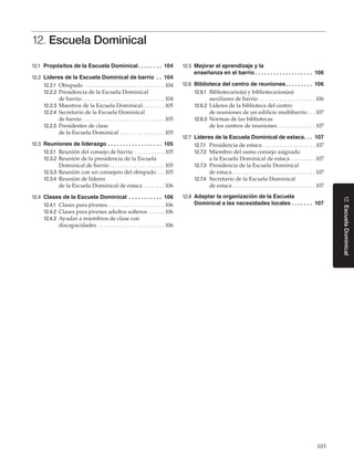 103
12.EscuelaDominical
12. Escuela Dominical
12.1	 Propósitos de la Escuela Dominical. .  .  .  .  .  .  .  . 104
12.2	 Líderes de la Escuela Dominical de barrio . .  . 104
12.2.1	 Obispado. . . . . . . . . . . . . . . . . . . . . . . . . . . . .  104
12.2.2	 Presidencia de la Escuela Dominical
de barrio. . . . . . . . . . . . . . . . . . . . . . . . . . . . . .  104
12.2.3	 Maestros de la Escuela Dominical. . . . . . . .  105
12.2.4	 Secretario de la Escuela Dominical
de barrio. . . . . . . . . . . . . . . . . . . . . . . . . . . . . .  105
12.2.5	 Presidentes de clase
de la Escuela Dominical . . . . . . . . . . . . . . . .  105
12.3	 Reuniones de liderazgo. .  .  .  .  .  .  .  .  .  .  .  .  .  .  .  .  .  . 105
12.3.1	 Reunión del consejo de barrio . . . . . . . . . . .  105
12.3.2	 Reunión de la presidencia de la Escuela
Dominical de barrio. . . . . . . . . . . . . . . . . . . .  105
12.3.3	 Reunión con un consejero del obispado. . .  105
12.3.4	 Reunión de líderes
de la Escuela Dominical de estaca. . . . . . . .  106
12.4	 Clases de la Escuela Dominical . .  .  .  .  .  .  .  .  .  .  . 106
12.4.1	 Clases para jóvenes. . . . . . . . . . . . . . . . . . . . .  106
12.4.2	 Clases para jóvenes adultos solteros. . . . . .  106
12.4.3	 Ayudar a miembros de clase con
discapacidades . . . . . . . . . . . . . . . . . . . . . . . .  106
12.5	 Mejorar el aprendizaje y la
enseñanza en el barrio. .  .  .  .  .  .  .  .  .  .  .  .  .  .  .  .  .  .  . 106
12.6	 Biblioteca del centro de reuniones. .  .  .  .  .  .  .  .  . 106
12.6.1	 Bibliotecario(a) y bibliotecarios(as)
auxiliares de barrio . . . . . . . . . . . . . . . . . . . .  106
12.6.2	 Líderes de la biblioteca del centro
de reuniones de un edificio multibarrio. . .  107
12.6.3	 Normas de las bibliotecas
de los centros de reuniones. . . . . . . . . . . . . .  107
12.7	 Líderes de la Escuela Dominical de estaca. .  .  . 107
12.7.1	 Presidencia de estaca. . . . . . . . . . . . . . . . . . .  107
12.7.2	 Miembro del sumo consejo asignado
a la Escuela Dominical de estaca. . . . . . . . .  107
12.7.3	 Presidencia de la Escuela Dominical
de estaca. . . . . . . . . . . . . . . . . . . . . . . . . . . . . .  107
12.7.4	 Secretario de la Escuela Dominical
de estaca. . . . . . . . . . . . . . . . . . . . . . . . . . . . . .  107
12.8	 Adaptar la organización de la Escuela
Dominical a las necesidades locales. .  .  .  .  .  .  . 107
 