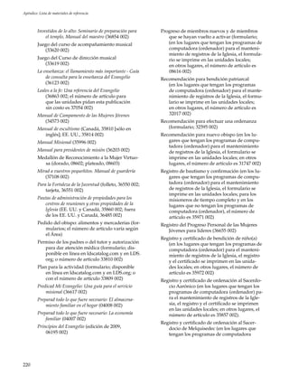 220
Apéndice: Lista de materiales de referencia
Investidos de lo alto: Seminario de preparación para
el templo, Manual del maestro (36854 002)
Juego del curso de acompañamiento musical
(33620 002)
Juego del Curso de dirección musical
(33619 002)
La enseñanza: el llamamiento más importante - Guía
de consulta para la enseñanza del Evangelio
(36123 002)
Leales a la fe: Una referencia del Evangelio
(36863 002; el número de artículo para
que las unidades pidan esta publicación
sin costo es 37054 002)
Manual de Campamento de las Mujeres Jóvenes
(34573 002)
Manual de escultismo (Canadá, 35810 [sólo en
inglés]; EE. UU., 35814 002)
Manual Misional (35996 002)
Manual para presidentes de misión (36203 002)
Medallón de Reconocimiento a la Mujer Virtuo-
sa (dorado, 08602; plateado, 08603)
Mirad a vuestros pequeñitos. Manual de guardería
(37108 002)
Para la Fortaleza de la Juventud (folleto, 36550 002;
tarjeta, 36551 002)
Pautas de administración de propiedades para los
centros de reuniones y otras propiedades de la
Iglesia (EE. UU. y Canadá, 35860 002; fuera
de los EE. UU. y Canadá, 36485 002)
Pedido del obispo: alimentos y mercaderías (for-
mularios; el número de artículo varía según
el Área)
Permiso de los padres o del tutor y autorización
para dar atención médica (formulario; dis-
ponible en línea en ldscatalog.com y en LDS.
org; o número de artículo 33810 002)
Plan para la actividad (formulario; disponible
en línea en ldscatalog.com y en LDS.org; o
con el número de artículo 33809 002)
Predicad Mi Evangelio: Una guía para el servicio
misional (36617 002)
Preparad todo lo que fuere necesario: El almacena-
miento familiar en el hogar (04008 002)
Preparad todo lo que fuere necesario: La economía
familiar (04007 002)
Principios del Evangelio (edición de 2009,
06195 002)
Progreso de miembros nuevos y de miembros
que se hayan vuelto a activar (formulario;
(en los lugares que tengan los programas de
computadora (ordenador) para el manteni-
miento de registros de la Iglesia, el formula-
rio se imprime en las unidades locales;
en otros lugares, el número de artículo es
08616 002)
Recomendación para bendición patriarcal
(en los lugares que tengan los programas
de computadora (ordenador) para el mante-
nimiento de registros de la Iglesia, el formu-
lario se imprime en las unidades locales;
en otros lugares, el número de artículo es
32017 002)
Recomendación para efectuar una ordenanza
(formulario; 32595 002)
Recomendación para nuevo obispo (en los lu-
gares que tengan los programas de compu-
tadora (ordenador) para el mantenimiento
de registros de la Iglesia, el formulario se
imprime en las unidades locales; en otros
lugares, el número de artículo es 31747 002)
Registro de bautismo y confirmación (en los lu-
gares que tengan los programas de compu-
tadora (ordenador) para el mantenimiento
de registros de la Iglesia, el formulario se
imprime en las unidades locales; para los
misioneros de tiempo completo y en los
lugares que no tengan los programas de
computadora (ordenador), el número de
artículo es 35971 002)
Registro del Progreso Personal de las Mujeres
Jóvenes para líderes (36655 002)
Registro y certificado de bendición de niño(a)
(en los lugares que tengan los programas de
computadora (ordenador) para el manteni-
miento de registros de la Iglesia, el registro
y el certificado se imprimen en las unida-
des locales; en otros lugares, el número de
artículo es 35972 002)
Registro y certificado de ordenación al Sacerdo-
cio Aarónico (en los lugares que tengan los
programas de computadora (ordenador) pa-
ra el mantenimiento de registros de la Igle-
sia, el registro y el certificado se imprimen
en las unidades locales; en otros lugares, el
número de artículo es 35857 002).
Registro y certificado de ordenación al Sacer-
docio de Melquisedec (en los lugares que
tengan los programas de computadora
 