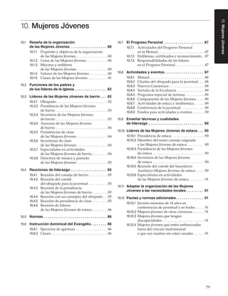 79
10.MujeresJóvenes
10. Mujeres Jóvenes
10.1	 Reseña de la organización
de las Mujeres Jóvenes . .  .  .  .  .  .  .  .  .  .  .  .  .  .  .  .  .  . 80
10.1.1	 Propósito y objetivos de la organización
de las Mujeres Jóvenes. . . . . . . . . . . . . . . . . . 80
10.1.2	 Lema de las Mujeres Jóvenes. . . . . . . . . . . . 80
10.1.3	 Máxima y emblema
de las Mujeres Jóvenes . . . . . . . . . . . . . . . . . 80
10.1.4	 Valores de las Mujeres Jóvenes . . . . . . . . . . 80
10.1.5	 Clases de las Mujeres Jóvenes. . . . . . . . . . .  81
10.2	 Funciones de los padres y
de los líderes de la Iglesia. .  .  .  .  .  .  .  .  .  .  .  .  .  .  .  . 82
10.3	 Líderes de las Mujeres Jóvenes de barrio. .  .  . 82
10.3.1	 Obispado. . . . . . . . . . . . . . . . . . . . . . . . . . . . . 82
10.3.2	 Presidencia de las Mujeres Jóvenes
de barrio. . . . . . . . . . . . . . . . . . . . . . . . . . . . . 83
10.3.3	 Secretaria de las Mujeres Jóvenes
de barrio. . . . . . . . . . . . . . . . . . . . . . . . . . . . . 83
10.3.4	 Asesoras de las Mujeres Jóvenes
de barrio. . . . . . . . . . . . . . . . . . . . . . . . . . . . . 84
10.3.5	 Presidencias de clase
de las Mujeres Jóvenes . . . . . . . . . . . . . . . . . 84
10.3.6	 Secretarias de clase
de las Mujeres Jóvenes . . . . . . . . . . . . . . . . . 84
10.3.7	 Especialistas en actividades
de las Mujeres Jóvenes de barrio. . . . . . . . . 84
10.3.8	 Directora de música y pianista
de las Mujeres Jóvenes . . . . . . . . . . . . . . . . . 85
10.4	 Reuniones de liderazgo. .  .  .  .  .  .  .  .  .  .  .  .  .  .  .  .  .  . 85
10.4.1	 Reunión del consejo de barrio. . . . . . . . . . . 85
10.4.2	 Reunión del comité
del obispado para la juventud. . . . . . . . . . . 85
10.4.3	 Reunión de la presidencia
de las Mujeres Jóvenes de barrio. . . . . . . . . 85
10.4.4	 Reunión con un consejero del obispado. . . 85
10.4.5	 Reunión de presidencia de clase. . . . . . . . . 85
10.4.6	 Reunión de líderes
de las Mujeres Jóvenes de estaca. . . . . . . . . 86
10.5	 Normas. .  .  .  .  .  .  .  .  .  .  .  .  .  .  .  .  .  .  .  .  .  .  .  .  .  .  .  .  .  .  .  . 86
10.6	 Instrucción dominical del Evangelio. .  .  .  .  .  .  .  . 86
10.6.1	 Ejercicios de apertura. . . . . . . . . . . . . . . . . . 86
10.6.2	 Clases. . . . . . . . . . . . . . . . . . . . . . . . . . . . . . . . 86
10.7	 El Progreso Personal . .  .  .  .  .  .  .  .  .  .  .  .  .  .  .  .  .  .  .  . 87
10.7.1	 Actividades del Progreso Personal
en la Mutual. . . . . . . . . . . . . . . . . . . . . . . . . . 87
10.7.2	 Emblemas, certificados y reconocimiento. . 87
10.7.3	 Responsabilidades de las líderes
en el Progreso Personal. . . . . . . . . . . . . . . . . 87
10.8	 Actividades y eventos. .  .  .  .  .  .  .  .  .  .  .  .  .  .  .  .  .  .  .  . 87
10.8.1	 Mutual. . . . . . . . . . . . . . . . . . . . . . . . . . . . . . . 88
10.8.2	 Charlas del obispado para la juventud. . . . 88
10.8.3	 Nuevos Comienzos. . . . . . . . . . . . . . . . . . . . 88
10.8.4	 Tertulia de la Excelencia. . . . . . . . . . . . . . . . 89
10.8.5	 Programa especial de normas. . . . . . . . . . . 89
10.8.6	 Campamento de las Mujeres Jóvenes. . . . . 89
10.8.7	 Actividades de estaca y multiestaca. . . . . . 89
10.8.8	 Conferencia de la juventud . . . . . . . . . . . . . 89
10.8.9	 Fondos para actividades y eventos. . . . . . . 90
10.9	 Enseñar técnicas y cualidades
de liderazgo. .  .  .  .  .  .  .  .  .  .  .  .  .  .  .  .  .  .  .  .  .  .  .  .  .  .  .  . 90
10.10	 Líderes de las Mujeres Jóvenes de estaca. .  .  . 90
10.10.1	 Presidencia de estaca. . . . . . . . . . . . . . . . . . . 90
10.10.2	 Miembro del sumo consejo asignado
a las Mujeres Jóvenes de estaca. . . . . . . . . . 90
10.10.3	 Presidencia de las Mujeres Jóvenes
de estaca . . . . . . . . . . . . . . . . . . . . . . . . . . . . . 90
10.10.4	 Secretaria de las Mujeres Jóvenes
de estaca . . . . . . . . . . . . . . . . . . . . . . . . . . . . . 90
10.10.5	 Reunión del comité del Sacerdocio
Aarónico–Mujeres Jóvenes de estaca. . . . . 90
10.10.6	 Especialistas en actividades
de las Mujeres Jóvenes de estaca. . . . . . . . . 91
10.11	 Adaptar la organización de las Mujeres
Jóvenes a las necesidades locales. .  .  .  .  .  .  .  .  . 91
10.12	 Pautas y normas adicionales. .  .  .  .  .  .  .  .  .  .  .  .  .  . 91
10.12.1	 Jóvenes menores de 14 años en
conferencias de juventud y en bailes. . . . .  91
10.12.2	 Mujeres jóvenes de otras creencias. . . . . . . 91
10.12.3	 Mujeres jóvenes que tengan
discapacidades. . . . . . . . . . . . . . . . . . . . . . . . 91
10.12.4	 Mujeres jóvenes que estén embarazadas
fuera del vínculo matrimonial
o que son madres sin estar casadas . . . . . . 91
 