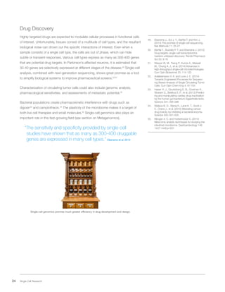 24 Single Cell Research
Drug Discovery
Highly targeted drugs are expected to modulate cellular processes in functional cells
of interest. Unfortunately, tissues consist of a multitude of cell types, and the resultant
biological noise can drown out the specific interactions of interest. Even when a
sample consists of a single cell type, the cells are out of phase, which can hide
subtle or transient responses. Various cell types express as many as 300-400 genes
that are potential drug targets. In Parkinson’s-affected neurons, it is estimated that
30-40 genes are selectively expressed at different stages of the disease.49
Single-cell
analysis, combined with next-generation sequencing, shows great promise as a tool
to simplify biological systems to improve pharmaceutical screens.50,51
Characterization of circulating tumor cells could also include genomic analysis,
pharmacological sensitivities, and assessments of metastatic potential.52
Bacterial populations create pharmacokinetic interference with drugs such as
digoxin53
and camptothecin.54
The plasticity of the microbiome makes it a target of
both live cell therapies and small molecules.55
Single-cell genomics also plays an
important role in this fast-growing field (see section on Metagenomics).
“The sensitivity and specificity provided by single-cell
studies have shown that as many as 300-400 druggable
genes are expressed in many cell types.” Eberwine et al. 2014
Single-cell genomics promise much greater efficiency in drug development and design.
49.	 Eberwine J., Sul J. Y., Bartfai T. and Kim J.
(2014) The promise of single-cell sequencing.
Nat Methods 11: 25-27
50.	 Bartfai T., Buckley P. T. and Eberwine J. (2012)
Drug targets: single-cell transcriptomics
hastens unbiased discovery. Trends Pharmacol
Sci 33: 9-16
51.	 Weaver W. M., Tseng P., Kunze A., Masaeli
M., Chung A. J., et al. (2014) Advances in
high-throughput single-cell microtechnologies.
Curr Opin Biotechnol 25: 114-123
52.	 Adalsteinsson V. A. and Love J. C. (2014)
Towards Engineered Processes for Sequenc-
ing-Based Analysis of Single Circulating Tumor
Cells. Curr Opin Chem Eng 4: 97-104
53.	 Haiser H. J., Gootenberg D. B., Chatman K.,
Sirasani G., Balskus E. P., et al. (2013) Predict-
ing and manipulating cardiac drug inactivation
by the human gut bacterium Eggerthella lenta.
Science 341: 295-298
54.	 Wallace B. D., Wang H., Lane K. T., Scott J.
E., Orans J., et al. (2010) Alleviating cancer
drug toxicity by inhibiting a bacterial enzyme.
Science 330: 831-835
55.	 Morgan X. C. and Huttenhower C. (2014)
Meta’omic analytic techniques for studying the
intestinal microbiome. Gastroenterology 146:
1437-1448 e1431
 