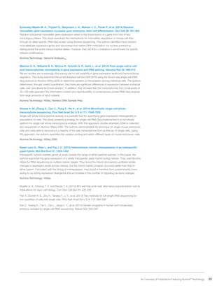 35 An Overview of Publications Featuring Illumina®
Technology
Eckersley-Maslin M. A., Thybert D., Bergmann J. H., Marioni J. C., Flicek P., et al. (2014) Random
monoallelic gene expression increases upon embryonic stem cell differentiation. Dev Cell 28: 351-365
Random autosomal monoallelic gene expression refers to the transcription of a gene from one of two
homologous alleles. This study examined the mechanisms for monoallelic expression in mouse cell lines
through an allele-specific RNA-Seq screen using Illumina sequencing. The authors identified many random
monoallelically expressed genes and discovered that neither DNA methylation nor nuclear positioning
distinguished the active versus inactive alleles. However, they did find a correlation in enrichment for specific
histone modifications.
Illumina Technology: Genome AnalyzerIIx
Marinov G. K., Williams B. A., McCue K., Schroth G. P., Gertz J., et al. (2014) From single-cell to cell-
pool transcriptomes: stochasticity in gene expression and RNA splicing. Genome Res 24: 496-510
Recent studies are increasingly discovering cell-to-cell variability in gene expression levels and transcriptional
regulation. This study examined the lymphoblastoid cell line GM12878 using the Smart-seq single-cell RNA-
seq protocol on Illumina HiSeq 2000 to determine variation in transcription among individual cells. The authors
determined, through careful quantitation, that there are significant differences in expression between individual
cells, over and above technical variation. In addition, they showed that the transcriptomes from small pools of
30–100 cells approach the information content and reproducibility of contemporary pooled RNA-Seq analysis
from large amounts of input material.
Illumina Technology: HiSeq, Nextera DNA Sample Prep
Streets A. M., Zhang X., Cao C., Pang Y., Wu X., et al. (2014) Microfluidic single-cell whole-
transcriptome sequencing. Proc Natl Acad Sci U S A 111: 7048-7053
Single-cell whole-transcriptome analysis is a powerful tool for quantifying gene expression heterogeneity in
populations of cells. This study presents a strategy for single-cell RNA-Seq implemented in a microfluidic
platform for single-cell whole-transcriptome analysis. With this approach, double-stranded cDNA is collected
and sequenced on Illumina HiSeq 2500. The authors demonstrated the technique on single mouse embryonic
cells and were able to reconstruct a majority of the bulk transcriptome from as little as 10 single cells. Using
this approach, the authors quantified the variation among and within different types of mouse embryonic cells.
Illumina Technology: HiSeq 2500
Swain Lenz D., Riles L. and Fay J. C. (2014) Heterochronic meiotic misexpression in an interspecific
yeast hybrid. Mol Biol Evol 31: 1333-1342
Interspecific hybrids express genes at levels outside the range of either parental species. In this paper, the
authors examined the gene expression of a sterile interspecific yeast hybrid during meiosis. They used Illumina
HiSeq for RNA sequencing at multiple meiotic stages. They found the hybrid and parents exhibited similar
changes in expression levels across meiosis, but the hybrid meiotic program occurred earlier than that of
either parent. Coincident with the timing of misexpression, they found a transition from predominantly trans-
acting to cis-acting expression divergence and an increase in the number of opposing cis-trans changes.
Illumina Technology: HiSeq
Mueller A. A., Cheung T. H. and Rando T. A. (2013) All’s well that ends well: alternative polyadenylation and its
implications for stem cell biology. Curr Opin Cell Biol 25: 222-232
Pan X., Durrett R. E., Zhu H., Tanaka Y., Li Y., et al. (2013) Two methods for full-length RNA sequencing for
low quantities of cells and single cells. Proc Natl Acad Sci U S A 110: 594-599
Xue Z., Huang K., Cai C., Cai L., Jiang C. Y., et al. (2013) Genetic programs in human and mouse early
embryos revealed by single-cell RNA sequencing. Nature 500: 593-597
 