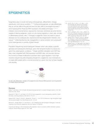43 An Overview of Publications Featuring Illumina®
Technology
EPIGENETICS
Epigenetics plays a crucial role during embryogenesis, differentiation, lineage
specification, and cancer evolution.115,116
During embryogenesis, as cells differentiate,
they do not just differ at the genome level, but also differ at the epigenome level,115
which subsequently influences RNA expression and cellular phenotype.115,116,117
Lifestyle, environmental factors, exposure to chemicals, and stress are some factors
capable of altering epigenetic marks not only during pregnancy in stem cells, but also
in differentiated somatic cells.118
Changes in epigenetic marks can result in various
diseases such as cardiovascular, respiratory and neurodegenerative diseases, and
cancer.118
Understanding the role of epigenetics in cancer evolution and subsequent
tumor heterogeneity is currently of great interest.
Population sequencing cannot distinguish between which cells display a specific
genotype and subsequent phenotype, given their temporal location in a tissue at a
given time under specific conditions.117
Single-cell DNA methylation and ChIP-Seq
data, when integrated with RNA expression and SNV data, can precisely disclose
the functions of these modifications and their roles in gene regulation. Such high-
resolution sequencing data integrating the genome, epigenome, and transcriptome
of single cells located within a microenvironment at a given time has not been feasible
until recently.
As stem cells differentiate, changes at the epigenome level influence RNA expression and the generation
of multiple cellular phenotypes.
Reviews
Baslan T. and Hicks J. (2014) Single cell sequencing approaches for complex biological systems. Curr Opin
Genet Dev 26C: 59-65
Easwaran H., Tsai H. C. and Baylin S. B. (2014) Cancer epigenetics: tumor heterogeneity, plasticity of stem-
like states, and drug resistance. Mol Cell 54: 716-727
Weaver W. M., Tseng P., Kunze A., Masaeli M., Chung A. J., et al. (2014) Advances in high-throughput single-
cell microtechnologies. Curr Opin Biotechnol 25: 114-123
McGraw S., Shojaei Saadi H. A. and Robert C. (2013) Meeting the methodological challenges in molecular
mapping of the embryonic epigenome. Mol Hum Reprod 19: 809-827
Umer M. and Herceg Z. (2013) Deciphering the epigenetic code: an overview of DNA methylation analysis
methods. Antioxid Redox Signal 18: 1972-1986
115.	 Guo H., Zhu P., Wu X., Li X., Wen L., et al.
(2013) Single-cell methylome landscapes
of mouse embryonic stem cells and early
embryos analyzed using reduced represen-
tation bisulfite sequencing. Genome Res 23:
2126-2135
116.	 Xue Z., Huang K., Cai C., Cai L., Jiang C. Y.,
et al. (2013) Genetic programs in human and
mouse early embryos revealed by single-cell
RNA sequencing. Nature 500: 593-597
117.	 Weaver W. M., Tseng P., Kunze A., Masaeli
M., Chung A. J., et al. (2014) Advances in
high-throughput single-cell microtechnologies.
Curr Opin Biotechnol 25: 114-123
118.	 Alegria-Torres J. A., Baccarelli A. and Bollati V.
(2011) Epigenetics and lifestyle. Epigenomics
3: 267-277
 