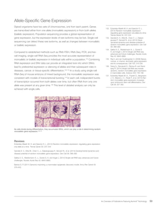 53 An Overview of Publications Featuring Illumina®
Technology
Allele-Specific Gene Expression
Diploid organisms have two sets of chromosomes, one from each parent. Genes
are transcribed either from one allele (monoallelic expression) or from both alleles
(biallelic expression). Population sequencing provides a global representation of
gene expression, but the expression levels of rare isoforms may be lost. Single-cell
sequencing can detect these rare isoforms, as well as changes between monoallelic
or biallelic expression.
Compared to established methods such as RNA-FISH, RNA-Seq, PCR, and live-
cell imaging, single-cell RNA-Seq provides the most accurate representation of
monoallelic or biallelic expression in individual cells within a population.132
Combining
RNA expression and SNV data can provide an integrated look into which SNVs
lead to preferential expression or silencing of alleles and their subsequent roles in
diseases, cancer, or tissue-specific differentiation.133,134
In a study using single-cell
RNA-Seq of mouse embryos of mixed background, the monoallelic expression was
consistent with models of transcriptional bursting.135
In each cell, independent bursts
of transcription occurred from both alleles over time, but often RNA from only one
allele was present at any given time.136
This level of detailed analysis can only be
achieved with single cells.
As cells divide during differentiation, they accumulate SNVs, which can play a role in determining random
monoallelic gene expression.132,137
Reviews
Eckersley-Maslin M. A. and Spector D. L. (2014) Random monoallelic expression: regulating gene expression
one allele at a time. Trends Genet 30: 237-244
Gendrel A. V., Attia M., Chen C. J., Diabangouaya P., Servant N., et al. (2014) Developmental dynamics and
disease potential of random monoallelic gene expression. Dev Cell 28: 366-380
Saliba A. E., Westermann A. J., Gorski S. A. and Vogel J. (2014) Single-cell RNA-seq: advances and future
challenges. Nucleic Acids Res 42: 8845-8860
Barlow D. P. (2011) Genomic imprinting: a mammalian epigenetic discovery model. Annu Rev Genet 45:
379-403
132.	 Eckersley-Maslin M. A. and Spector D. L.
(2014) Random monoallelic expression:
regulating gene expression one allele at a time.
Trends Genet 30: 237-244
133.	 Gendrel A. V., Attia M., Chen C. J., Diaban-
gouaya P., Servant N., et al. (2014) Devel-
opmental dynamics and disease potential of
random monoallelic gene expression. Dev Cell
28: 366-380
134.	 Saliba A. E., Westermann A. J., Gorski S.
A. and Vogel J. (2014) Single-cell RNA-seq:
advances and future challenges. Nucleic Acids
Res 42: 8845-8860
135.	 Raj A. and van Oudenaarden A. (2008) Nature,
nurture, or chance: stochastic gene expression
and its consequences. Cell 135: 216-226
136.	 Deng Q., Ramskold D., Reinius B. and Sand-
berg R. (2014) Single-cell RNA-seq reveals
dynamic, random monoallelic gene expression
in mammalian cells. Science 343: 193-196
137.	 Eckersley-Maslin M. A., Thybert D., Bergmann
J. H., Marioni J. C., Flicek P., et al. (2014) Ran-
dom monoallelic gene expression increases
upon embryonic stem cell differentiation. Dev
Cell 28: 351-365
 