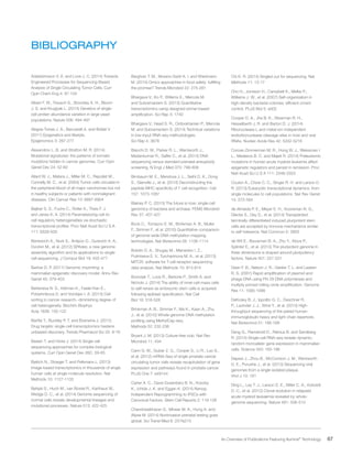 67 An Overview of Publications Featuring Illumina®
Technology
BIBLIOGRAPHY
Adalsteinsson V. A. and Love J. C. (2014) Towards
Engineered Processes for Sequencing-Based
Analysis of Single Circulating Tumor Cells. Curr
Opin Chem Eng 4: 97-104
Albert F. W., Treusch S., Shockley A. H., Bloom
J. S. and Kruglyak L. (2014) Genetics of single-
cell protein abundance variation in large yeast
populations. Nature 506: 494-497
Alegria-Torres J. A., Baccarelli A. and Bollati V.
(2011) Epigenetics and lifestyle.
Epigenomics 3: 267-277
Alexandrov L. B. and Stratton M. R. (2014)
Mutational signatures: the patterns of somatic
mutations hidden in cancer genomes. Curr Opin
Genet Dev 24: 52-60
Allard W. J., Matera J., Miller M. C., Repollet M.,
Connelly M. C., et al. (2004) Tumor cells circulate in
the peripheral blood of all major carcinomas but not
in healthy subjects or patients with nonmalignant
diseases. Clin Cancer Res 10: 6897-6904
Bajikar S. S., Fuchs C., Roller A., Theis F. J.
and Janes K. A. (2014) Parameterizing cell-to-
cell regulatory heterogeneities via stochastic
transcriptional profiles. Proc Natl Acad Sci U S A
111: E626-635
Bankevich A., Nurk S., Antipov D., Gurevich A. A.,
Dvorkin M., et al. (2012) SPAdes: a new genome
assembly algorithm and its applications to single-
cell sequencing. J Comput Biol 19: 455-477
Barlow D. P. (2011) Genomic imprinting: a
mammalian epigenetic discovery model. Annu Rev
Genet 45: 379-403
Barteneva N. S., Ketman K., Fasler-Kan E.,
Potashnikova D. and Vorobjev I. A. (2013) Cell
sorting in cancer research--diminishing degree of
cell heterogeneity. Biochim Biophys
Acta 1836: 105-122
Bartfai T., Buckley P. T. and Eberwine J. (2012)
Drug targets: single-cell transcriptomics hastens
unbiased discovery. Trends Pharmacol Sci 33: 9-16
Baslan T. and Hicks J. (2014) Single cell
sequencing approaches for complex biological
systems. Curr Opin Genet Dev 26C: 59-65
Battich N., Stoeger T. and Pelkmans L. (2013)
Image-based transcriptomics in thousands of single
human cells at single-molecule resolution. Nat
Methods 10: 1127-1133
Behjati S., Huch M., van Boxtel R., Karthaus W.,
Wedge D. C., et al. (2014) Genome sequencing of
normal cells reveals developmental lineages and
mutational processes. Nature 513: 422-425
Bergholz T. M., Moreno Switt A. I. and Wiedmann
M. (2014) Omics approaches in food safety: fulfilling
the promise? Trends Microbiol 22: 275-281
Bhargava V., Ko P., Willems E., Mercola M.
and Subramaniam S. (2013) Quantitative
transcriptomics using designed primer-based
amplification. Sci Rep 3: 1740
Bhargava V., Head S. R., Ordoukhanian P., Mercola
M. and Subramaniam S. (2014) Technical variations
in low-input RNA-seq methodologies.
Sci Rep 4: 3678
Bianchi D. W., Parker R. L., Wentworth J.,
Madankumar R., Saffer C., et al. (2014) DNA
sequencing versus standard prenatal aneuploidy
screening. N Engl J Med 370: 799-808
Birnbaum M. E., Mendoza J. L., Sethi D. K., Dong
S., Glanville J., et al. (2014) Deconstructing the
peptide-MHC specificity of T cell recognition. Cell
157: 1073-1087
Blainey P. C. (2013) The future is now: single-cell
genomics of bacteria and archaea. FEMS Microbiol
Rev 37: 407-427
Bock C., Tomazou E. M., Brinkman A. B., Muller
F., Simmer F., et al. (2010) Quantitative comparison
of genome-wide DNA methylation mapping
technologies. Nat Biotechnol 28: 1106-1114
Bolotin D. A., Shugay M., Mamedov I. Z.,
Putintseva E. V., Turchaninova M. A., et al. (2013)
MiTCR: software for T-cell receptor sequencing
data analysis. Nat Methods 10: 813-814
Boroviak T., Loos R., Bertone P., Smith A. and
Nichols J. (2014) The ability of inner-cell-mass cells
to self-renew as embryonic stem cells is acquired
following epiblast specification. Nat Cell
Biol 16: 516-528
Brinkman A. B., Simmer F., Ma K., Kaan A., Zhu
J., et al. (2010) Whole-genome DNA methylation
profiling using MethylCap-seq.
Methods 52: 232-236
Bryant J. M. (2013) Culture-free club. Nat Rev
Microbiol 11: 434
Cann G. M., Gulzar Z. G., Cooper S., Li R., Luo S.,
et al. (2012) mRNA-Seq of single prostate cancer
circulating tumor cells reveals recapitulation of gene
expression and pathways found in prostate cancer.
PLoS One 7: e49144
Carter A. C., Davis-Dusenbery B. N., Koszka
K., Ichida J. K. and Eggan K. (2014) Nanog-
Independent Reprogramming to iPSCs with
Canonical Factors. Stem Cell Reports 2: 119-126
Chandrasekharan S., Minear M. A., Hung A. and
Allyse M. (2014) Noninvasive prenatal testing goes
global. Sci Transl Med 6: 231fs215
Chi K. R. (2014) Singled out for sequencing. Nat
Methods 11: 13-17
Cho H., Jonsson H., Campbell K., Melke P.,
Williams J. W., et al. (2007) Self-organization in
high-density bacterial colonies: efficient crowd
control. PLoS Biol 5: e302
Cooper D. A., Jha B. K., Silverman R. H.,
Hesselberth J. R. and Barton D. J. (2014)
Ribonuclease L and metal-ion-independent
endoribonuclease cleavage sites in host and viral
RNAs. Nucleic Acids Res 42: 5202-5216
Corces-Zimmerman M. R., Hong W. J., Weissman I.
L., Medeiros B. C. and Majeti R. (2014) Preleukemic
mutations in human acute myeloid leukemia affect
epigenetic regulators and persist in remission. Proc
Natl Acad Sci U S A 111: 2548-2553
Coulon A., Chow C. C., Singer R. H. and Larson D.
R. (2013) Eukaryotic transcriptional dynamics: from
single molecules to cell populations. Nat Rev Genet
14: 572-584
de Almeida P. E., Meyer E. H., Kooreman N. G.,
Diecke S., Dey D., et al. (2014) Transplanted
terminally differentiated induced pluripotent stem
cells are accepted by immune mechanisms similar
to self-tolerance. Nat Commun 5: 3903
de Wit E., Bouwman B. A., Zhu Y., Klous P.,
Splinter E., et al. (2013) The pluripotent genome in
three dimensions is shaped around pluripotency
factors. Nature 501: 227-231
Dean F. B., Nelson J. R., Giesler T. L. and Lasken
R. S. (2001) Rapid amplification of plasmid and
phage DNA using Phi 29 DNA polymerase and
multiply-primed rolling circle amplification. Genome
Res 11: 1095-1099
DeKosky B. J., Ippolito G. C., Deschner R.
P., Lavinder J. J., Wine Y., et al. (2013) High-
throughput sequencing of the paired human
immunoglobulin heavy and light chain repertoire.
Nat Biotechnol 31: 166-169
Deng Q., Ramskold D., Reinius B. and Sandberg
R. (2014) Single-cell RNA-seq reveals dynamic,
random monoallelic gene expression in mammalian
cells. Science 343: 193-196
Depew J., Zhou B., McCorrison J. M., Wentworth
D. E., Purushe J., et al. (2013) Sequencing viral
genomes from a single isolated plaque.
Virol J 10: 181
Ding L., Ley T. J., Larson D. E., Miller C. A., Koboldt
D. C., et al. (2012) Clonal evolution in relapsed
acute myeloid leukaemia revealed by whole-
genome sequencing. Nature 481: 506-510
 