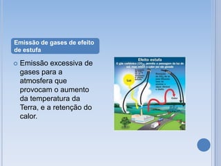 Emissão de gases de efeito
de estufa

   Emissão excessiva de
    gases para a
    atmosfera que
    provocam o aumento
    da temperatura da
    Terra, e a retenção do
    calor.
 