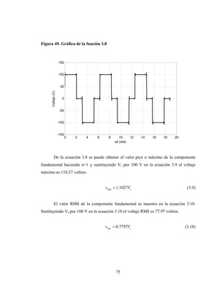 Figura 49. Gráfica de la función 3.8



                    150


                    100


                     50
      Voltaje (V)




                      0


                     -50


                    -100


                    -150
                           0   2   4   6    8      10      12   14   16   18   20
                                                wt (rad)



           De la ecuación 3.8 se puede obtener el valor pico o máximo de la componente
fundamental haciendo n=1 y sustituyendo Vs por 100 V en la ecuación 3.9 el voltaje
máximo es 110.27 voltios.


                                           vmáx = 1.1027Vs                           (3.9)


           El valor RMS de la componente fundamental se muestra en la ecuación 3.10.
Sustituyendo Vs por 100 V en la ecuación 3.10 el voltaje RMS es 77.97 voltios.


                                           vrms = 0.7797Vs                          (3.10)




                                                 75
 