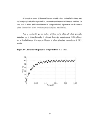 Al comparar ambas gráficas es bastante notorio cómo mejora la forma de onda
del voltaje aplicado a la carga desde el conversor cuando en su salida existe un filtro. Por
otro lado se puede apreciar claramente el comportamiento exponencial de la forma de
onda, característico en los circuitos con resistencias e inductancias.


          Para la simulación que no incluye el filtro en la salida, el voltaje promedio
calculado por el bloque Promedio 1, colocado dentro del modelo, es de 58.46 voltios, y
en la simulación que si incluye un filtro en la salida, el voltaje promedio es de 59.39
voltios.


Figura 57. Gráfica de voltaje contra tiempo sin filtro en la salida



                     70

                     60

                     50
       Voltaje (V)




                     40

                     30

                     20

                     10

                     0
                          0   0.005    0.01             0.015      0.02        0.025
                                              Tiempo (S)




                                                87
 