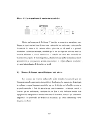 Figura 87. Estructura básica de un sistema fotovoltaico


                               Localización de
            Panel              PMP y elevación            Inversor de
            Solar                de Voltaje             Alta Frecuencia

                                  DC                        DC
                           C                        C
                                                                          Filtro
                                       DC                        AC                Red




       Dentro del esquema de la figura 87 también se encuentran capacitores para
formar un enlace de corriente directa, estos capacitores son usados para compensar las
diferencias de potencia de corriente directa generada por el panel y la potencia
instantánea variante en el tiempo, absorbida por la red. El capacitor colocado antes del
inversor determina la calidad armónica de la corriente de salida. Para inversores sin
localización del punto de máxima potencia, el capacitor que recibe la energía del panel,
generalmente se construye más grande para mantener el voltaje del panel constante y
prevenir la introducción de disturbios en la red.



6.5   Sistemas flexibles de transmisión de corriente alterna


       Los sistemas de potencia tradicionales están formados básicamente por tres
bloques principales, generación, transmisión y distribución. La transmisión de potencia
se realiza a través de líneas de transmisión, que por definición son inflexibles, porque no
se puede controlar el flujo de potencia que estas transportan. La falta de control es
debida a que sus parámetros y configuración son fijos. A estas limitantes también debe
agregarse que la respuesta de la red es lenta ante los disturbios, debido a que los sistemas
de potencia son controlados por dispositivos mecánicos, que actúan lentamente y sufren
desgaste por el uso.




                                             127
 