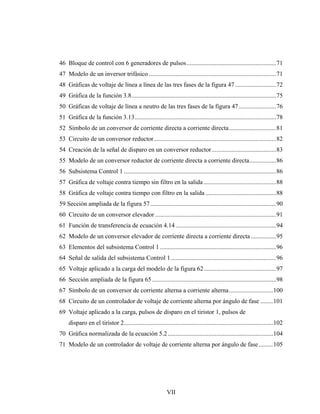 46 Bloque de control con 6 generadores de pulsos .........................................................71
47 Modelo de un inversor trifásico .................................................................................71
48 Gráficas de voltaje de línea a línea de las tres fases de la figura 47 ..........................72
49 Gráfica de la función 3.8............................................................................................75
50 Gráficas de voltaje de línea a neutro de las tres fases de la figura 47........................76
51 Gráfica de la función 3.13..........................................................................................78
52 Símbolo de un conversor de corriente directa a corriente directa..............................81
53 Circuito de un conversor reductor..............................................................................82
54 Creación de la señal de disparo en un conversor reductor .........................................83
55 Modelo de un conversor reductor de corriente directa a corriente directa.................86
56 Subsistema Control 1 .................................................................................................86
57 Gráfica de voltaje contra tiempo sin filtro en la salida ..............................................88
58 Gráfica de voltaje contra tiempo con filtro en la salida .............................................88
59 Sección ampliada de la figura 57 ................................................................................90
60 Circuito de un conversor elevador .............................................................................91
61 Función de transferencia de ecuación 4.14 ................................................................94
62 Modelo de un conversor elevador de corriente directa a corriente directa ................95
63 Elementos del subsistema Control 1 ..........................................................................96
64 Señal de salida del subsistema Control 1 ...................................................................96
65 Voltaje aplicado a la carga del modelo de la figura 62..............................................97
66 Sección ampliada de la figura 65 ...............................................................................98
67 Símbolo de un conversor de corriente alterna a corriente alterna............................100
68 Circuito de un controlador de voltaje de corriente alterna por ángulo de fase ........101
69 Voltaje aplicado a la carga, pulsos de disparo en el tiristor 1, pulsos de
     disparo en el tiristor 2...............................................................................................102
70 Gráfica normalizada de la ecuación 5.2 ...................................................................104
71 Modelo de un controlador de voltaje de corriente alterna por ángulo de fase .........105




                                                            VII
 