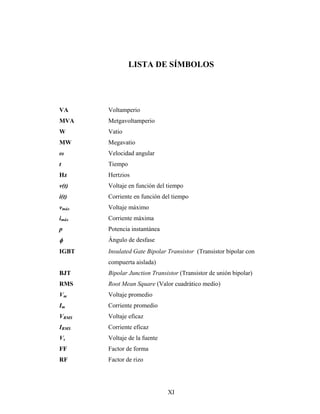 LISTA DE SÍMBOLOS




VA     Voltamperio
MVA    Metgavoltamperio
W      Vatio
MW     Megavatio
ω      Velocidad angular
t      Tiempo
Hz     Hertzios
v(t)   Voltaje en función del tiempo
i(t)   Corriente en función del tiempo
vmáx   Voltaje máximo
imáx   Corriente máxima
p      Potencia instantánea
φ      Ángulo de desfase
IGBT   Insulated Gate Bipolar Transistor (Transistor bipolar con
       compuerta aislada)
BJT    Bipolar Junction Transistor (Transistor de unión bipolar)
RMS    Root Mean Square (Valor cuadrático medio)
Vm     Voltaje promedio
Im     Corriente promedio
VRMS   Voltaje eficaz
IRMS   Corriente eficaz
Vs     Voltaje de la fuente
FF     Factor de forma
RF     Factor de rizo




                              XI
 