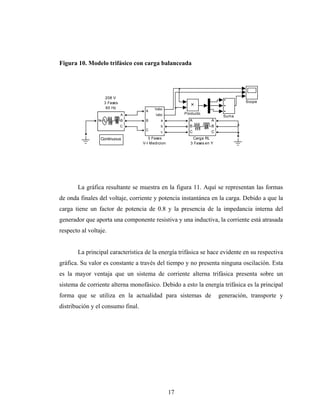 Figura 10. Modelo trifásico con carga balanceada




                     208 V
                    3 Fases                                                        Scope
                     60 Hz               Vabc
                                    A
                              A          Iabc          Producto
                                                                          Suma
                N             B     B       a            A           A
                              C             b            B           B
                                    C
                                            c            C           C
                 Continuous           3 Fases              Carga RL
                                   V-I Medicion           3 Fases en Y




       La gráfica resultante se muestra en la figura 11. Aquí se representan las formas
de onda finales del voltaje, corriente y potencia instantánea en la carga. Debido a que la
carga tiene un factor de potencia de 0.8 y la presencia de la impedancia interna del
generador que aporta una componente resistiva y una inductiva, la corriente está atrasada
respecto al voltaje.


       La principal característica de la energía trifásica se hace evidente en su respectiva
gráfica. Su valor es constante a través del tiempo y no presenta ninguna oscilación. Esta
es la mayor ventaja que un sistema de corriente alterna trifásica presenta sobre un
sistema de corriente alterna monofásico. Debido a esto la energía trifásica es la principal
forma que se utiliza en la actualidad para sistemas de                   generación, transporte y
distribución y el consumo final.




                                                  17
 