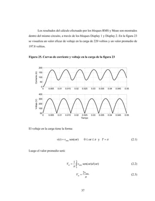 Los resultados del cálculo efectuado por los bloques RMS y Mean son mostrados
dentro del mismo circuito, a través de los bloques Display 1 y Display 2. En la figura 23
se visualiza un valor eficaz de voltaje en la carga de 220 voltios y un valor promedio de
197.8 voltios.


Figura 25. Curvas de corriente y voltaje en la carga de la figura 23


                     200
     Corriente (A)




                     150

                     100

                      50

                       0
                           0   0.005   0.01    0.015    0.02         0.025   0.03   0.035   0.04   0.045   0.05

                     400

                     300
     Voltaje (V)




                     200

                     100

                      50
                           0   0.005   0.01    0.015    0.02      0.025      0.03   0.035   0.04   0.045   0.05
                                                                 Tiempo




El voltaje en la carga tiene la forma:


                                       v(t ) = vmáx sen(ωt )          0 ≤ ωt ≤ π y T = π                          (2.1)


Luego el valor promedio será:


                                                           π
                                                       1
                                                Vm =
                                                       π   ∫v
                                                           0
                                                               máx   sen(ωt )d (ωt )                              (2.2)

                                                                     2vmáx
                                                           Vm =                                                   (2.3)
                                                                       π



                                                                 37
 