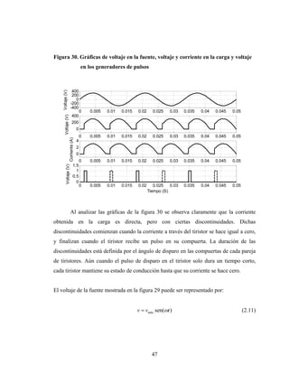 Figura 30. Gráficas de voltaje en la fuente, voltaje y corriente en la carga y voltaje
                                         en los generadores de pulsos



                         400
    Voltaje (V)




                         200
                           0
                        -200
                        -400
                                         0   0.005   0.01   0.015   0.02     0.025   0.03    0.035   0.04   0.045   0.05
                           400
       Voltaje (V)




                           200
                                     0
                                         0   0.005   0.01   0.015   0.02     0.025   0.03    0.035   0.04   0.045   0.05
                     Corriente (A)




                                     4
                                     2
                                     0
                                         0   0.005   0.01   0.015   0.02     0.025   0.03    0.035   0.04   0.045   0.05
                               1.5
          Voltaje (V)




                                 1
                               0.5
                                 0
                                         0   0.005   0.01   0.015   0.02      0.025   0.03   0.035   0.04   0.045   0.05
                                                                           Tiempo (S)



                        Al analizar las gráficas de la figura 30 se observa claramente que la corriente
obtenida en la carga es directa, pero con ciertas discontinuidades. Dichas
discontinuidades comienzan cuando la corriente a través del tiristor se hace igual a cero,
y finalizan cuando el tiristor recibe un pulso en su compuerta. La duración de las
discontinuidades está definida por el ángulo de disparo en las compuertas de cada pareja
de tiristores. Aún cuando el pulso de disparo en el tiristor solo dura un tiempo corto,
cada tiristor mantiene su estado de conducción hasta que su corriente se hace cero.


El voltaje de la fuente mostrada en la figura 29 puede ser representado por:


                                                                    v = vmáx sen(ωt )                                      (2.11)




                                                                             47
 