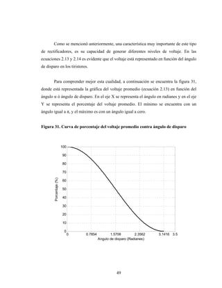 Como se mencionó anteriormente, una característica muy importante de este tipo
de rectificadores, es su capacidad de generar diferentes niveles de voltaje. En las
ecuaciones 2.13 y 2.14 es evidente que el voltaje está representado en función del ángulo
de disparo en los tiristores.


       Para comprender mejor esta cualidad, a continuación se encuentra la figura 31,
donde está representada la gráfica del voltaje promedio (ecuación 2.13) en función del
ángulo α ó ángulo de disparo. En el eje X se representa el ángulo en radianes y en el eje
Y se representa el porcentaje del voltaje promedio. El mínimo se encuentra con un
ángulo igual a π, y el máximo es con un ángulo igual a cero.


Figura 31. Curva de porcentaje del voltaje promedio contra ángulo de disparo



                         100

                         90

                         80

                         70
        Porcentaje (%)




                         60

                         50

                         40

                         30

                         20

                         10

                          0
                               0   0.7854          1.5708         2.3562   3.1416 3.5
                                            Angulo de disparo (Radianes)




                                                       49
 