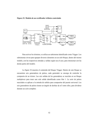 Figura 33. Modelo de un rectificador trifásico controlado



                                              1

                                          Multimeter
         Out 1

        Trigger                                               Scope1
                               Vabc
                          A
                    A                     g                                     148.2
                                                                  In    Mean
                                  a                +
                    B     B               A
                                  b                       R     Mean Value     Display 1
                    C                     B
                          C
                                  c                -
       Fuente Trifasica                   C                       signal rms    168.5
       220V AC 60 Hz      Voltimetro
                           Trifasico   Puente Universal                        Display 2
                                                                       RMS




       Para activar los tiristores, se utiliza un subsistema identificado como Trigger. Los
subsistemas sirven para agrupar diversos elementos en un solo bloque, dentro del mismo
modelo, con las respectivas entradas y salidas según sea el caso, para interactuar con las
demás partes del modelo.


       La figura 34 muestra el contenido del bloque Trigger. Dentro de este bloque se
encuentran seis generadores de pulsos, cada generador se encarga de controlar la
compuerta de un tiristor. Las seis salidas de los generadores se mezclan en un bloque
multiplexor para tener una sola salida identificada como Out 1. La serie de pulsos
mezclados se aplican a la entrada de señales para compuertas del puente universal. Los
seis generadores de pulsos tienen un ángulo de desfase de π/3 entre ellos, para dividirse
durante un ciclo completo.




                                                  52
 