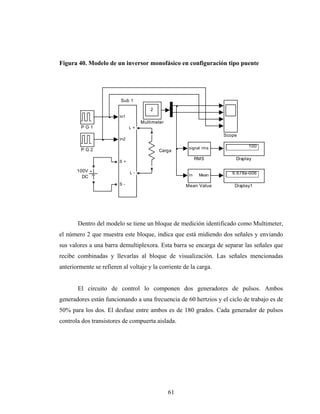 Figura 40. Modelo de un inversor monofásico en configuración tipo puente




                         Sub 1
                                        2        em
                         In1
                                    Multimeter
         PG1                   L+
                                                                    Scope
                         In2

                                                       signal rms             100
         PG2                                Carga
                                                            RMS         Display
                         S+

       100V                    L-                                      6.678e-006
         DC                                            In    Mean

                         S-                           Mean Value        Display1




       Dentro del modelo se tiene un bloque de medición identificado como Multimeter,
el número 2 que muestra este bloque, indica que está midiendo dos señales y enviando
sus valores a una barra demultiplexora. Esta barra se encarga de separar las señales que
recibe combinadas y llevarlas al bloque de visualización. Las señales mencionadas
anteriormente se refieren al voltaje y la corriente de la carga.


       El circuito de control lo componen dos generadores de pulsos. Ambos
generadores están funcionando a una frecuencia de 60 hertzios y el ciclo de trabajo es de
50% para los dos. El desfase entre ambos es de 180 grados. Cada generador de pulsos
controla dos transistores de compuerta aislada.




                                                 61
 