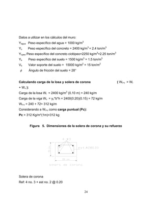 Datos a utilizar en los cálculos del muro:
Yagua Peso específico del agua = 1000 kg/m3
Yc    Peso específico del concreto = 2400 kg/m3 = 2.4 ton/m3
Ycpeo Peso específico del concreto ciclópeo=2250 kg/m3=2.25 ton/m3
Ys    Peso específico del suelo = 1500 kg/m3 = 1.5 ton/m3
Vs    Valor soporte del suelo = 15000 kg/m2 = 15 ton/m2
φ      Ángulo de fricción del suelo = 28°


Calculando carga de la losa y solera de corona                       ( Wl+v = Wl
+ Wv ):
Carga de la losa Wl = 2400 kg/m3 (0.10 m) = 240 kg/m
Carga de la viga Wv = yc*b*h = 2400(0.20)(0.15) = 72 kg/m
Wl+v = 240 + 72= 312 kg/m
Considerando a Wl+v como carga puntual (Pc):
Pc = 312 Kg/m*(1m)=312 kg


          Figura 5. Dimensiones de la solera de corona y su refuerzo




Solera de corona
Ref: 4 no. 3 + est no. 2 @ 0.20


                                              24
 