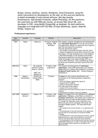 Drupal, Smarty, Symfony, Joomla, Wordpress, Zend Framework, using the
latest instruments for development on the web, on Win and unix platforms.
In-depth knowledge of web-related software, like Macromedia
Dreamweaver, Macromedia Fireworks, Adobe Photoshop. On Win platforms
the used tools are ASP/VBScript/Jscript, on Access/SQL Server DB. unix
developer in PHP, using MySQL/PostgreSQL as database. On both platforms,
languages are integrated with CSS/XML/JS/Ajax (Bootstrap, Jquery, Material
Design, Angular.js).
Professional experience :
Date
(from-to)
Location Company Position Description
2015 Roma Gemm srl IT Expert, Program
manager, Web
developer
The analysis, program management and development
of a web-based application in a social environment.
The application consists in a back-end and an app (on
both iOs and android environment).
The task specifically regard :
- Full analysis (functional and data) with the client
- Project management (the project involves two web
developers, two app developers and a web designer)
- Main PHP developer of the backend environment.
The backend application has been developed using
LAMP technology (Linux-Apache-MySQL-PHP) on a
custom PHP framework. I also used Boostrap/Jquery
as javascript framework and ajax interactivity with
the app
2008-2015 Roma ASL (Azienda
Sanitaria Locale)
Roma G – Roma E
-
ARES 118 /
Polisnet srl
IT Expert, Web
programmer
The analysis and development of web-based
applications, using LAMP technology (Linux-Apache-
MySQL-PHP) on a custom PHP framework, to build an
Integrated Health System (SIO - Sistema Integrato
Ospedaliero)
2008 Maputo,
Mozambique
Ministry for
Foreign Affairs
(MAE)
IT Expert IT Expert for the contents identification and
formulation of the following Italian Cooperation
projects:
- Rural Land Registry digitalization (phase II).
- Unidad movel ICT (UMICT).
- GovNet (e-Government network).
The tasks specifically regard:
- Analysis of the actual situation.
- Identification the of best technical solution for forecasted
projects.
- Identification of projects’ costs and calendars.
2007-2008 Casablanca,
Morocco
Progeco /EC IT Expert, Web
programmer
Expert of category II for the realization of a software
application in Morocco, called Maris, on behalf of
European Community. The project aims to allow the
DMM (Direction de la Marine Marchande) of Morocco
to manage the hazardous waste materials in the
Moroccan ports and to exchange information with
European HazMat systems. The tasks specifically
regard:
- The analysis of the actual situation, in co-operation with
DMM.
- The development of the web interface of the application
and the build of the data base for storing the HazMat
messages.
- The development of the communication interface to allow
DMM partners (e.g. other ports of Morocco) to send and
receive information about hazardous waste materials.
- The development of the communication interface with SSN
(SafeSeaNet) application, in order to exchange information
about hazardous waste materials on the ships on the
Moroccan ports.
 