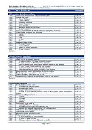 QUALITY MANAGEMENT SYSTEM AUDIT FOR ISO 9001 Error! Use the Home tab to apply WSI2 to the text that you want to appear here.
Error! Use the Home tab to apply WSI1 to the text that you want to appear here.
Page 4 of 11
No. SECTION QUESTIONS AuditResponse
0.20 Process-based Quality Management System
0.20.01 Is there a model of a process-based quality management system? O Yes O No
0.20.02 Does that model include: O Yes O No
0.20.03 - Customer Requirements O Yes O No
0.20.04 - Customer Satisfaction O Yes O No
0.20.05 - Management Responsibility O Yes O No
0.20.06 - Resource Management O Yes O No
0.20.07 - Product Realisation O Yes O No
0.20.08 - Measurement, Analysis and Improvement O Yes O No
0.20.09 - Continual Improvement O Yes O No
0.20.10 Is there a need to demonstrate the ability to meet statutory and regulatory requirements? O Yes O No
0.20.11 Is there a list/table that describe those requirements: O Yes O No
0.20.12 - Legislation O Yes O No
0.20.13 - Regulations O Yes O No
0.20.14 - Codes O Yes O No
0.20.15 - Standards O Yes O No
0.20.16 - Other O Yes O No
0.20.17 Are there aims defined to meet: O Yes O No
0.20.18 - Conformity of Product O Yes O No
0.20.19 - Customer Satisfaction O Yes O No
0.20.20 - Statutory and regulatory requirements O Yes O No
0.20.21 - Continual Improvement O Yes O No
Comments:
4.00 Quality Management System (QMS)
4.10 General requirements
4.10.01 For the QMS, has the organisation determined: O Yes O No
4.10.02 - The sequence/interaction of the quality management processes O Yes O No
4.10.03 - The criteria to measure the effectiveness of these processes O Yes O No
4.10.04 - How to ensure the availability of resources and information necessary for these processes O Yes O No
4.10.05 - The means to monitor, measure and analyse these processes O Yes O No
4.10.06 - How to implement actions necessary to achieve planned results O Yes O No
4.10.07 - How to identify the means for continual improvement of these processes O Yes O No
4.10.08 Does the organisation outsource any process that affects product conformity? O Yes O No
4.10.09 Does the organisation ensure control over such outsourced processes? O Yes O No
4.10.10 Is the type and extent of control defined within the QMS? O Yes O No
4.10.11 Are there any products outsourced and are there quality controls for those products? O Yes O No
Comments:
4.20 Documentation requirements
4.20.01 Does the QMS documentation include: O Yes O No
4.20.02 - Documented quality policy and objectives O Yes O No
4.20.03 - Documented quality manual O Yes O No
4.20.04 - Recognition of this standard in documentation O Yes O No
4.20.05 - Documents and records determined necessary to ensure the effective planning, operation and control of its
processes
O Yes O No
4.20.06 Is there evidence that procedures are: O Yes O No
4.20.07 - Established O Yes O No
4.20.08 - Documented O Yes O No
4.20.09 - Implemented O Yes O No
4.20.10 - Maintained O Yes O No
4.20.11 Does the quality manual include the: O Yes O No
4.20.12 - Scope of the QMS and any exclusions O Yes O No
4.20.13 - Documented procedures for the QMS or reference to them O Yes O No
4.20.14 - Description of the relationship of the processes of the QMS whererelevant O Yes O No
4.20.15 Are there any exclusions of the product from the QMS? O Yes O No
4.20.16 Is the reason for exclusion defined? O Yes O No
4.20.17 Are documents required by the QMS controlled? O Yes O No
4.20.18 Are there controls to ensure: O Yes O No
4.20.19 - The review for adequacy and approve documents O Yes O No
4.20.20 - The review and update documents O Yes O No
4.20.21 - That changes and current revisions of documents are identified O Yes O No
 