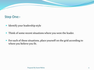 Step One:-
 Identify your leadership style
 Think of some recent situations where you were the leader.
 For each of these situations, place yourself on the grid according to
where you believe you fit.
Prepared By Sumit Mehta 11
 