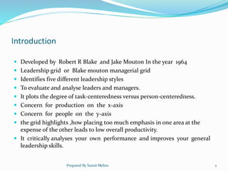 Introduction
 Developed by Robert R Blake and Jake Mouton In the year 1964
 Leadership grid or Blake mouton managerial grid
 Identifies five different leadership styles
 To evaluate and analyse leaders and managers.
 It plots the degree of task-centeredness versus person-centeredness.
 Concern for production on the x-axis
 Concern for people on the y-axis
 the grid highlights ,how placing too much emphasis in one area at the
expense of the other leads to low overall productivity.
 It critically analyses your own performance and improves your general
leadership skills.
Prepared By Sumit Mehta 2
 
