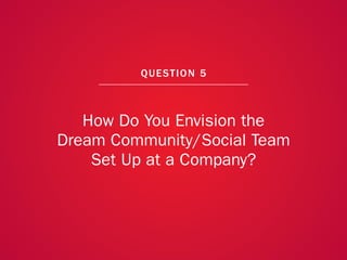 A COLLECTION OF COMMUNITY MANAGEMENT ADVICE: HOW DO YOU ENVISION THE DREAM COMMUNITY/SOCIAL TEAM SET UP AT A COMPANY?




...