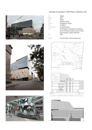 Drozdov & partners / AVE-Plaza / Kharkov, UA
Typ
Bauherr
Status
Ort
Funktion
BGF
Architekturbüro
Team	
Jahr
Tätigkeit
Neubau
AVEC
Gebaut
Kharkow, Ukraine
Bürogebäude, Handel
23 400 m²
Drozdov&Partners
Irina Goydenko, Oleg Drozdov, Vyacheslav
Zhemir, Aleksandr Zhydkov, Dmytro Zhuikov,
Denis Moseyko, Aleksey Yakymenko
2008
Innenarchitektur, Ausführungsplanung
 